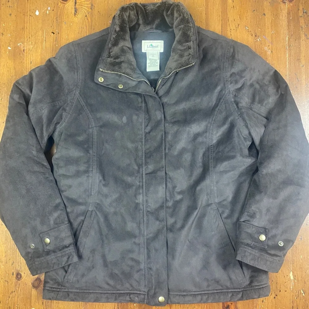 LL Bean Womens Insulated Suede Faux Fur Lined Jacket Black Size M Reg 0FJV4